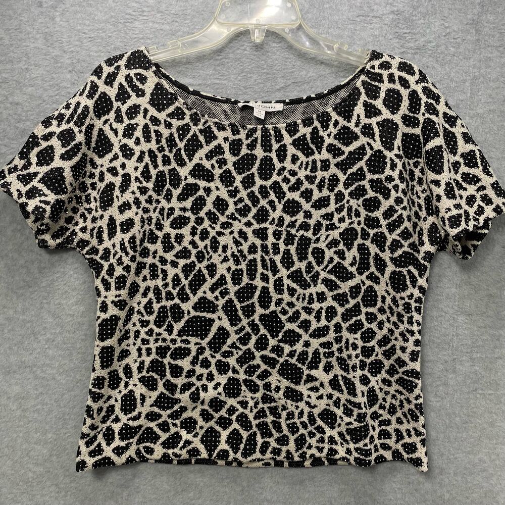 St. John Black White Abstract Beaded Top Size Medium